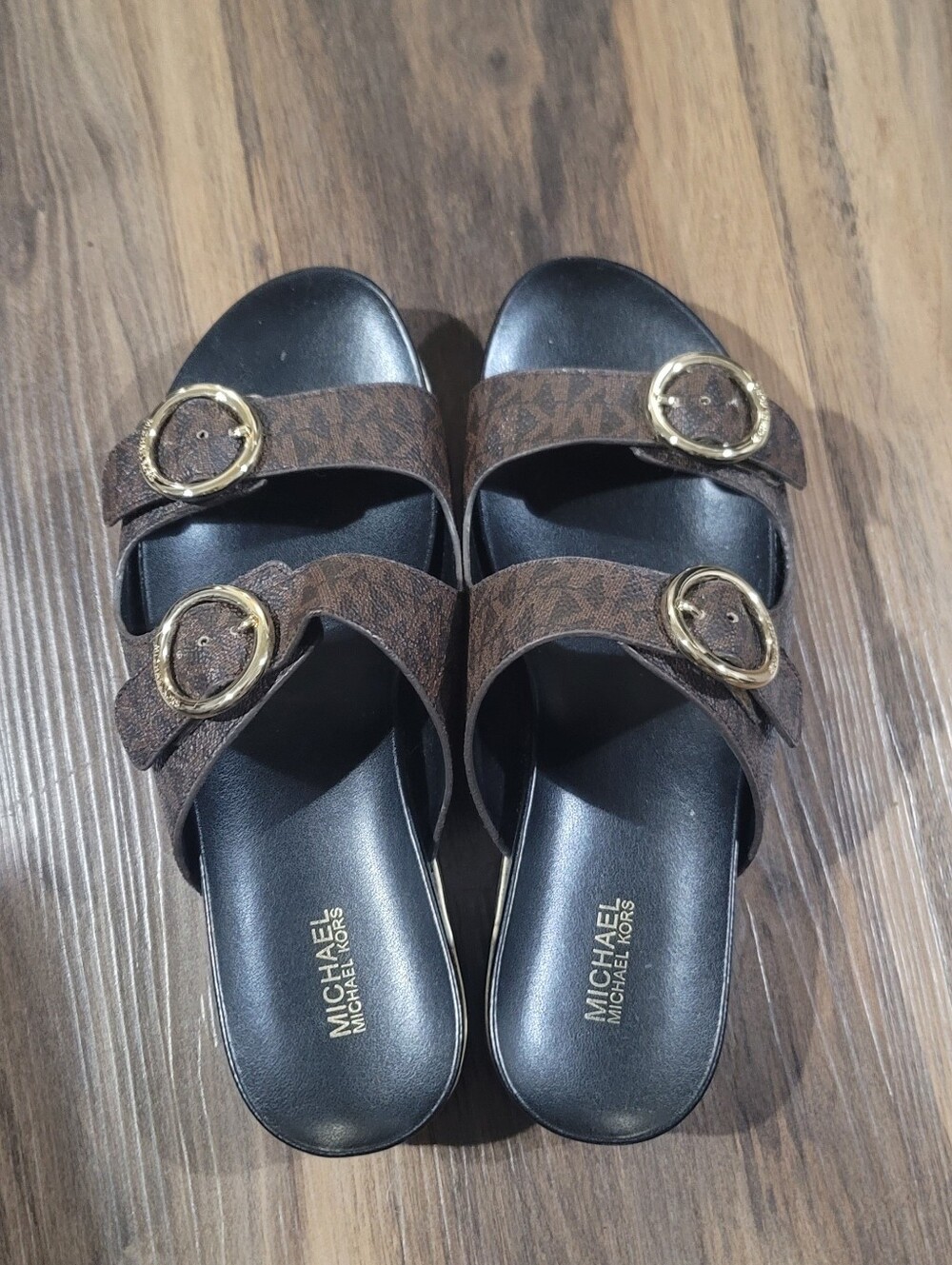 MICHAEL Michael Kors Brown Logo Double Buckle Slide Sandals with Gold Buckles